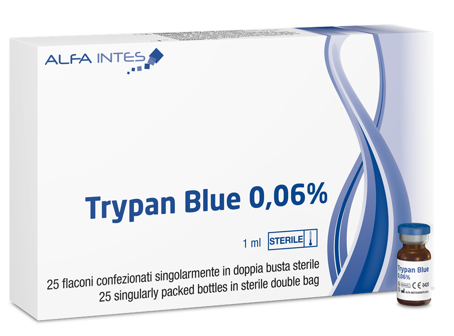 Trypan Blue 0.06% secondary carton and vial, an Alfa Intes customised example